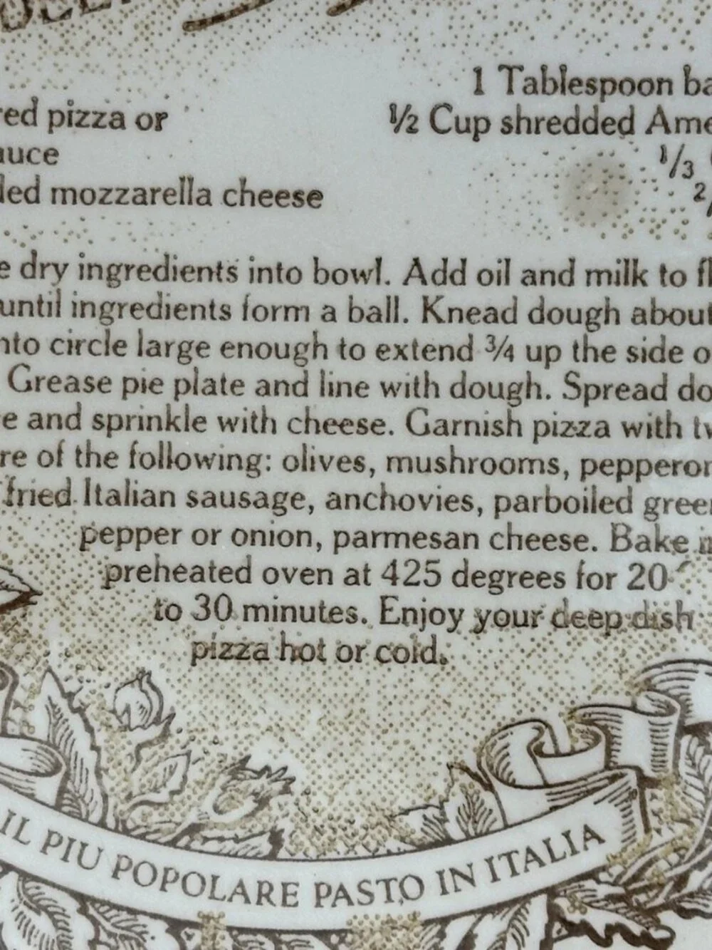 Vintage Royal China Pizza Di Casa Deep Dish Pizza Pie Plate Recipe Baker USA 11